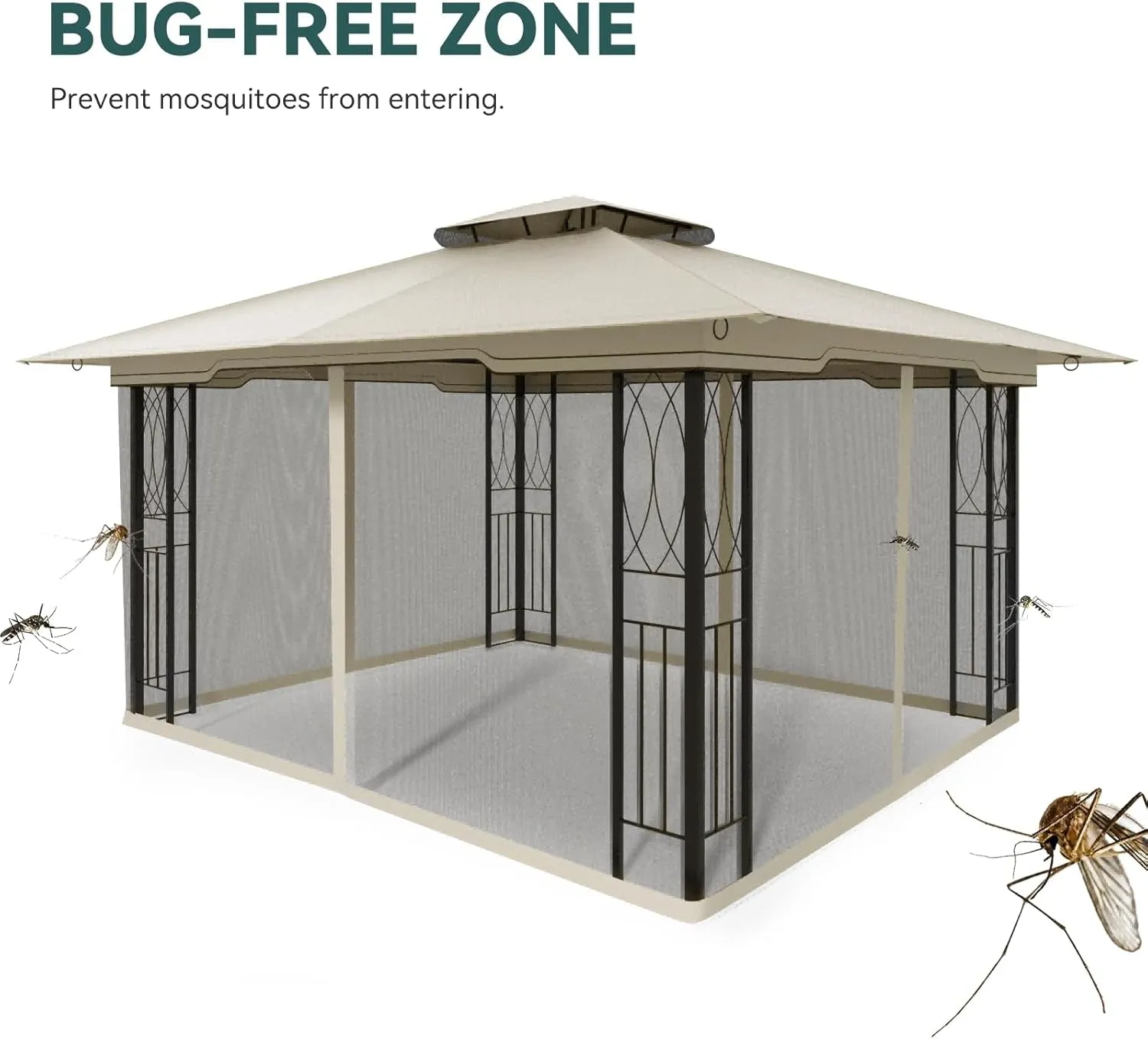 11X13 Outdoor Gazebo - Patio Gazebo with Mosquito Netting and Corner Frame Screen Wall, Double Roof Design, Sun & Water Proof Canopy Shelter for Backyard Garden Deck - Grey
