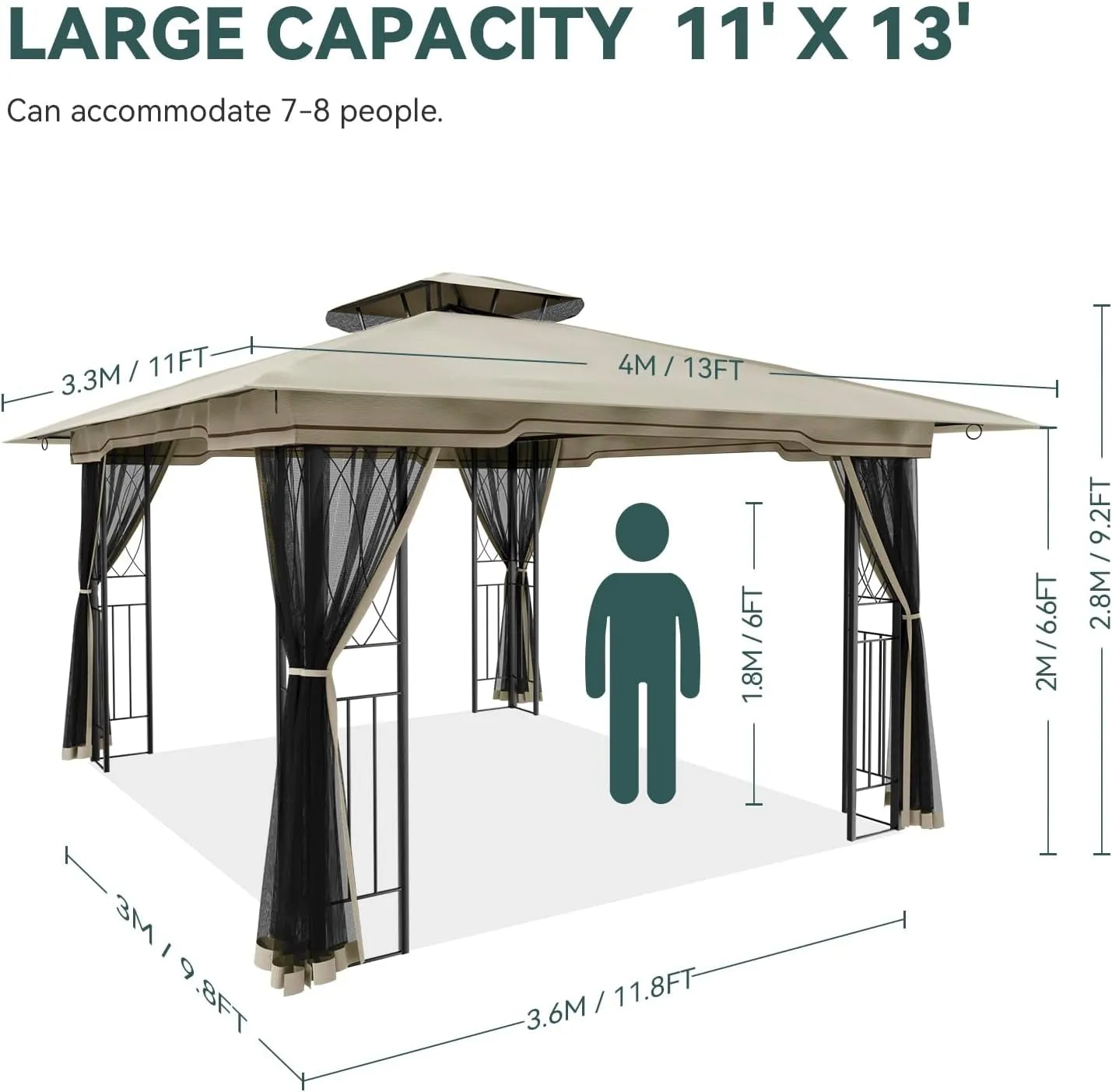 11X13 Outdoor Gazebo - Patio Gazebo with Mosquito Netting and Corner Frame Screen Wall, Double Roof Design, Sun & Water Proof Canopy Shelter for Backyard Garden Deck - Grey