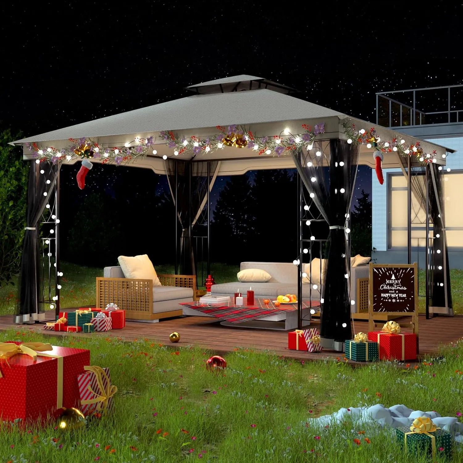 11X13 Outdoor Gazebo - Patio Gazebo with Mosquito Netting and Corner Frame Screen Wall, Double Roof Design, Sun & Water Proof Canopy Shelter for Backyard Garden Deck - Grey