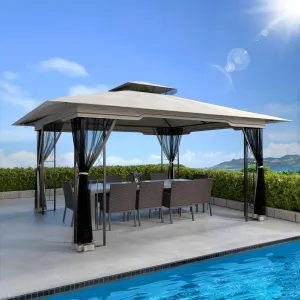 11X13 Outdoor Gazebo - Patio Gazebo with Mosquito Netting and Corner Frame Screen Wall, Double Roof Design, Sun & Water Proof Canopy Shelter for Backyard Garden Deck - Grey