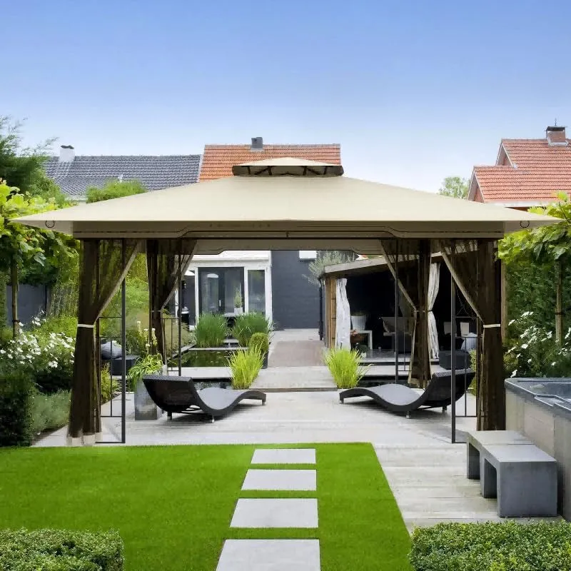 11X13 Outdoor Gazebo - Patio Gazebo with Mosquito Netting and Corner Frame Screen Wall, Double Roof Design, Sun & Water Proof Canopy Shelter for Backyard Garden Deck - Grey