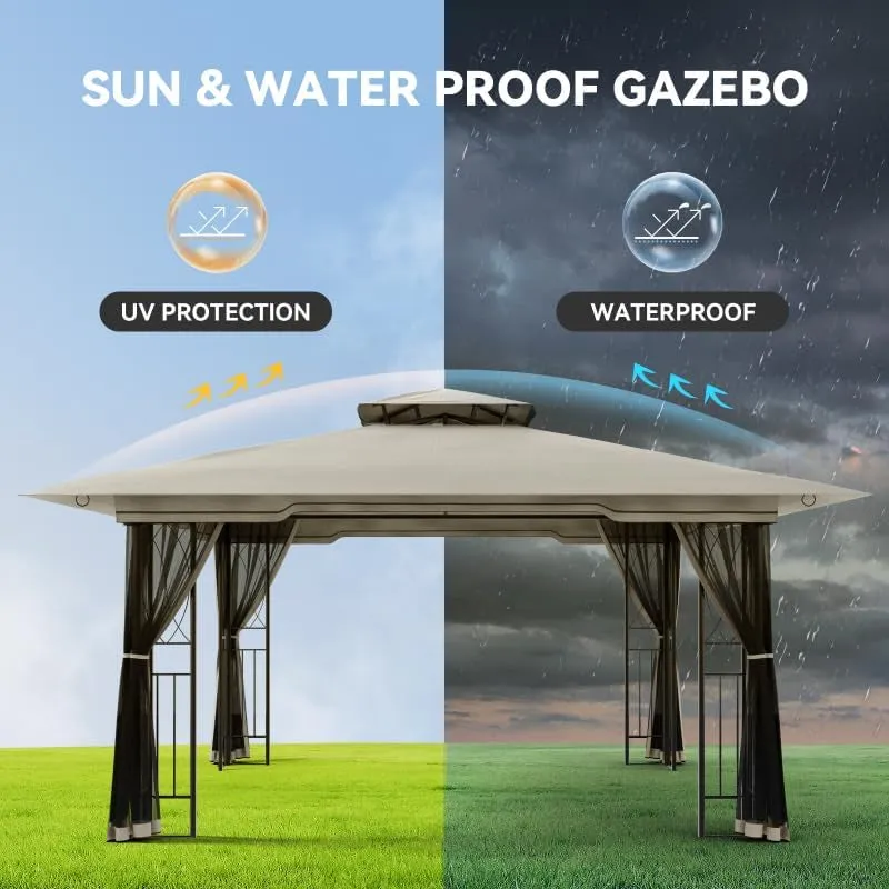 11X13 Outdoor Gazebo - Patio Gazebo with Mosquito Netting and Corner Frame Screen Wall, Double Roof Design, Sun & Water Proof Canopy Shelter for Backyard Garden Deck - Grey