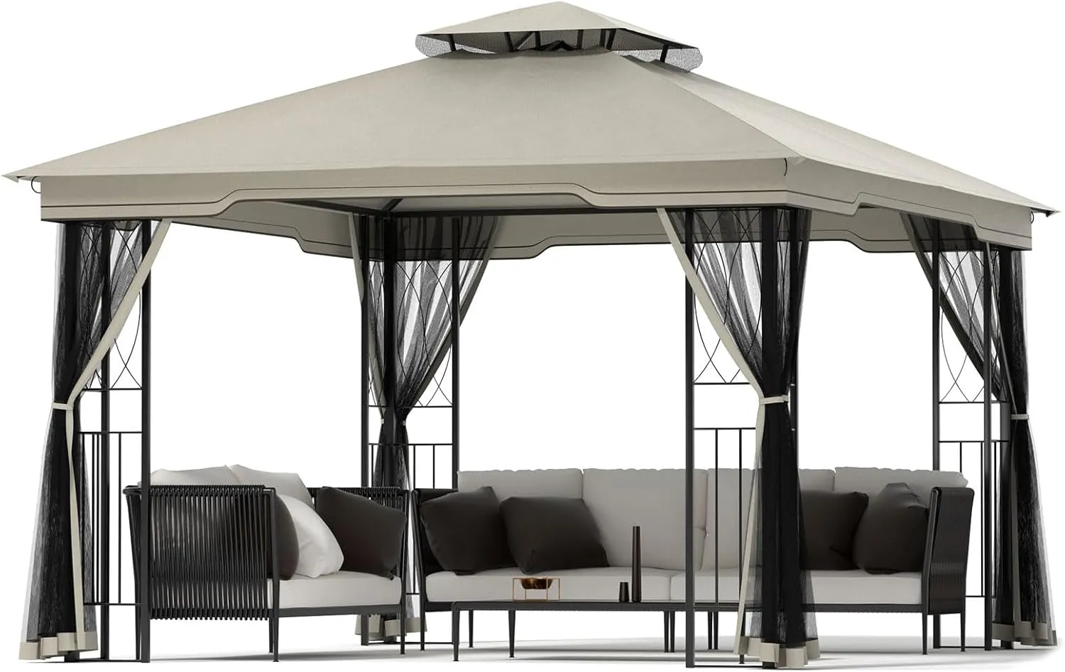 11X13 Outdoor Gazebo - Patio Gazebo with Mosquito Netting and Corner Frame Screen Wall, Double Roof Design, Sun & Water Proof Canopy Shelter for Backyard Garden Deck - Grey