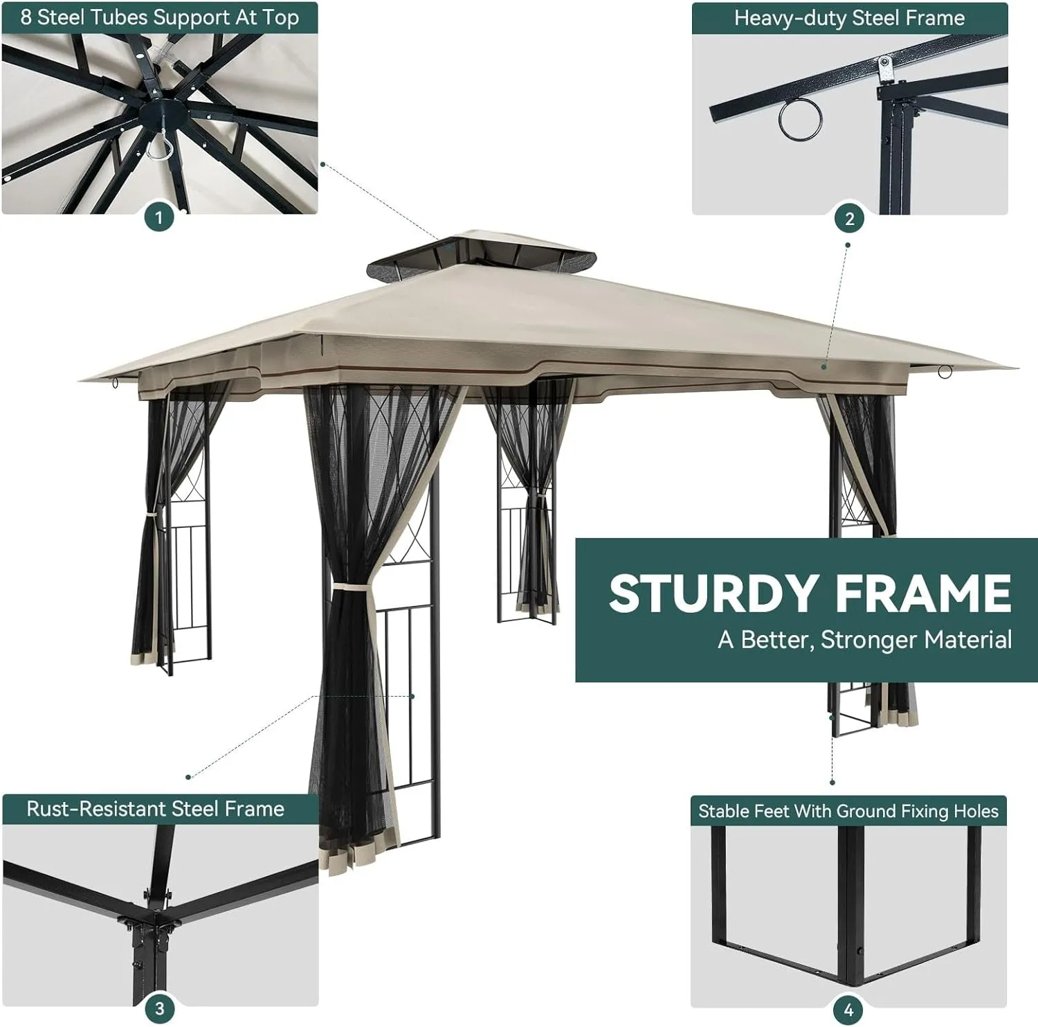 11X13 Outdoor Gazebo - Patio Gazebo with Mosquito Netting and Corner Frame Screen Wall, Double Roof Design, Sun & Water Proof Canopy Shelter for Backyard Garden Deck - Grey