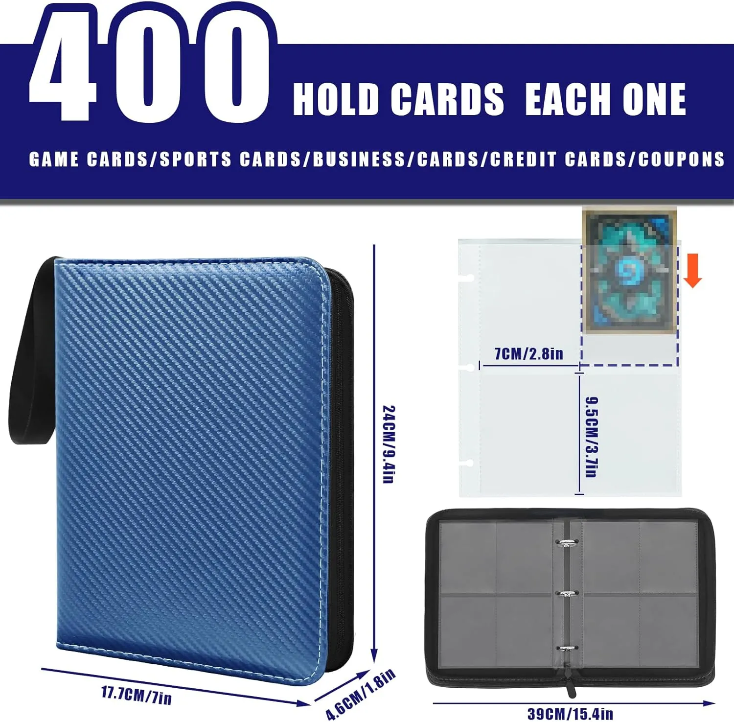 400 Pockets Card Binder, 4 Pocket Trading Card Binder, Double-Sided Trading Card Album, PU Leather Waterproof Collectible Trading Card Albums, Card Album for Board, Sport and Game Cards, Light Blue