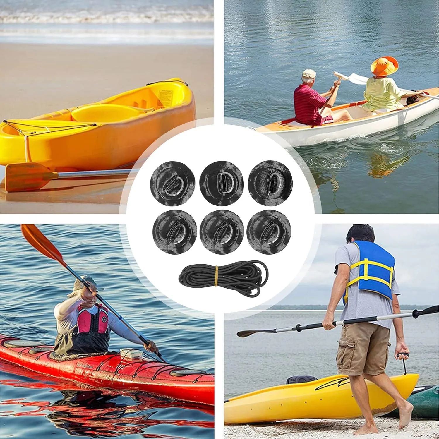 6 Pack D Ring Pad, Circular PVC Patch Kit with a Bungee Cord for Inflatable Boat Raft Kayak Dinghy Deck Surfboard Stand Up Paddleboard Canoe, NO Glue Included