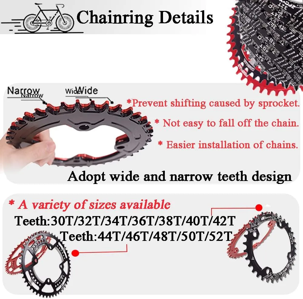 BUCKLOS IXF 104 BCD 30-52T Mountain Bike Crankset -Hollow Integrated MTB 170mm Crank Set- Aluminum Alloy Bike Crankset with Narrow Wide Tooth Chainring Bottom Bracket Bolts (Black/Red)