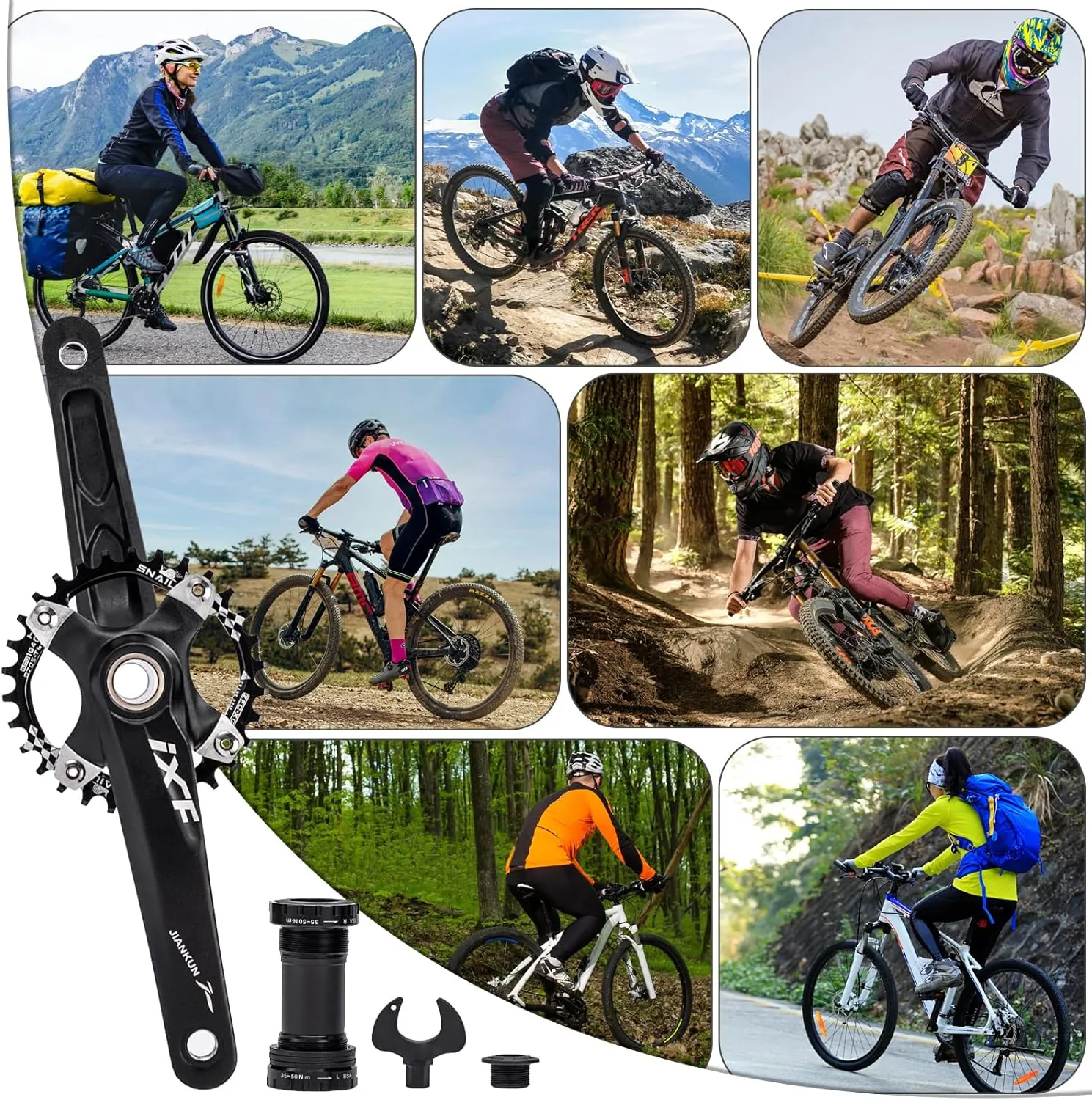 BUCKLOS IXF 104 BCD 30-52T Mountain Bike Crankset -Hollow Integrated MTB 170mm Crank Set- Aluminum Alloy Bike Crankset with Narrow Wide Tooth Chainring Bottom Bracket Bolts (Black/Red)