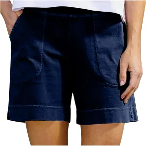 Cotton Shorts for Women Casual 7 Inch Inseam Shorts Summer Elastic Waist Short Vacation Beach Outfits with Pockets