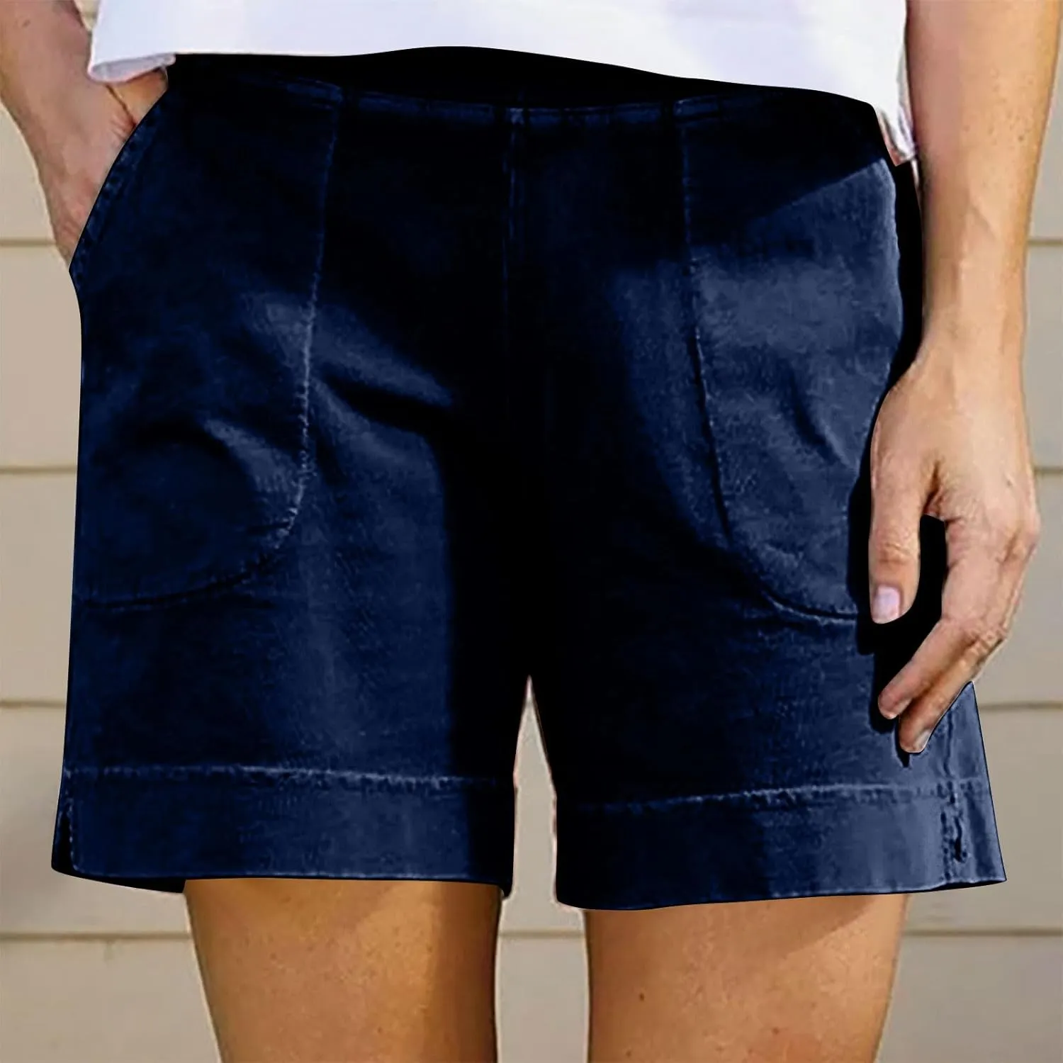 Cotton Shorts for Women Casual 7 Inch Inseam Shorts Summer Elastic Waist Short Vacation Beach Outfits with Pockets