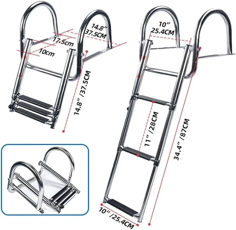 Foldable Swimming Pool Dock Ladder,3/4-Step Stainless Steel Telescoping Boat Ladder with with Pedal Hand Railing,Heavy Duty Boat Boarding Ladder,for Marine Yacht, Dock, Pontoon, Swimming Pool(3-step)