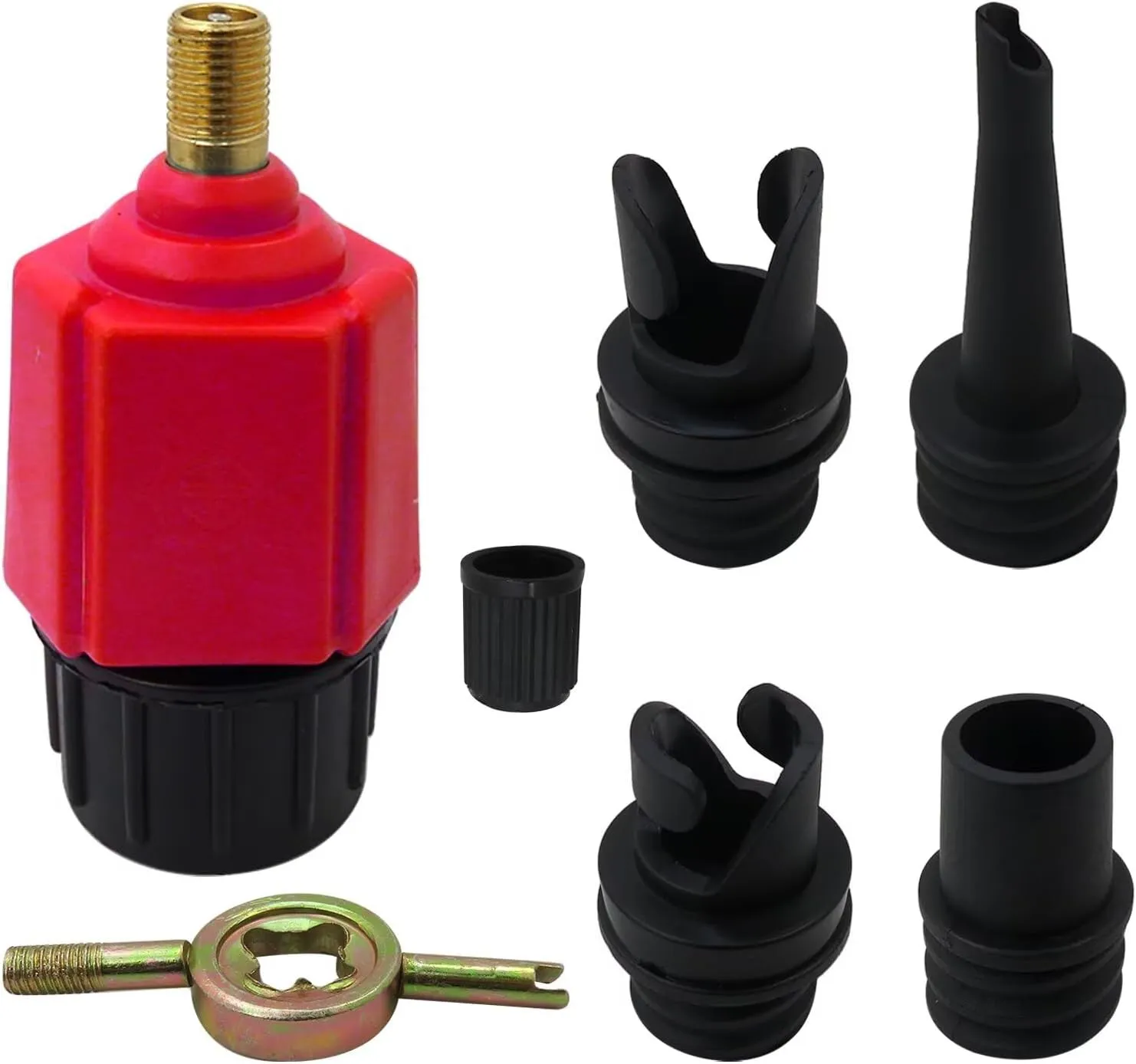 Inflatable SUP Pump Adaptor Air Compressor Valve Converter, Multifunction SUP Valve Bike Pump Adapter w/ 4 Air Valve Nozzles for Inflatable Boat, Stand Up Paddle Board, Inflatable Bed - Red