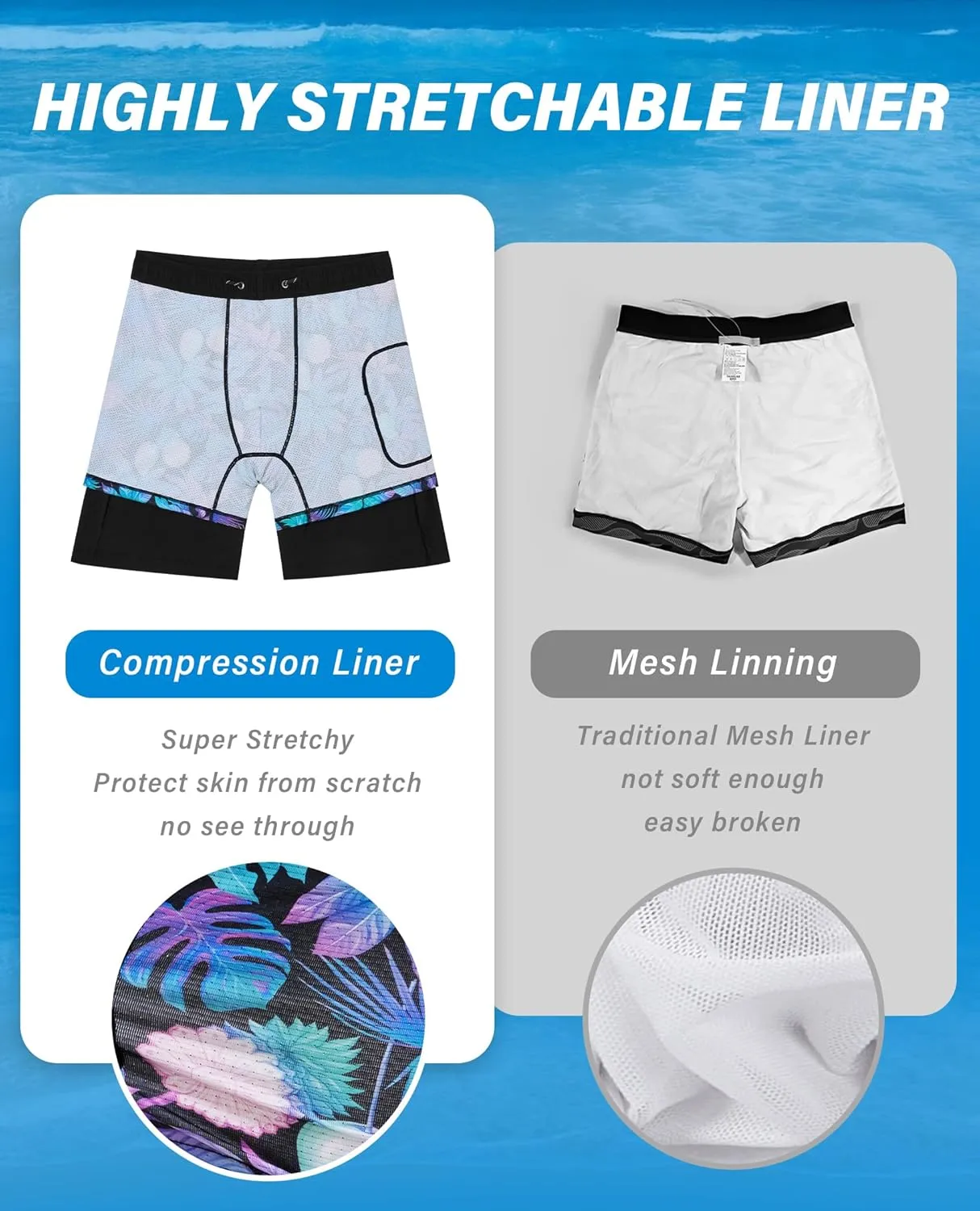 Mens 7 Inch Swim Trunks with Compression Liner Stretch Quick Dry Swim Shorts Swimsuits with Pockets