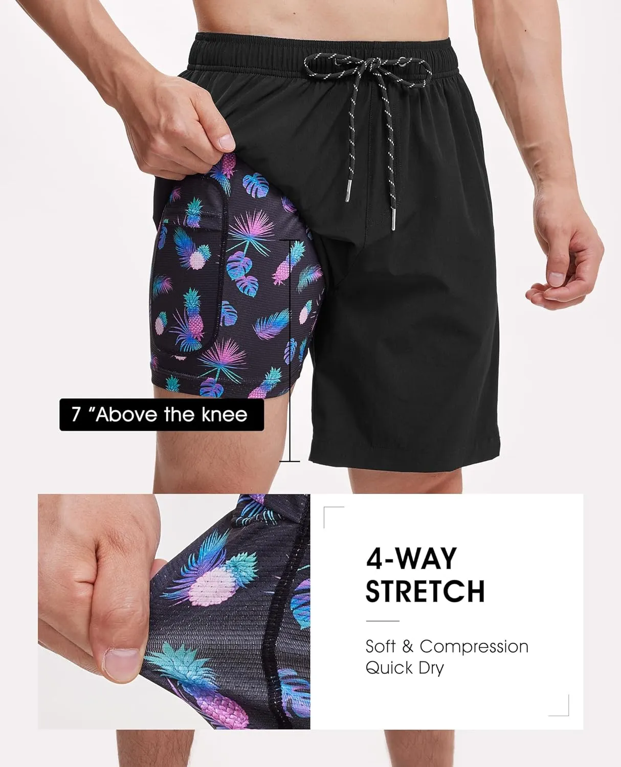 Mens 7 Inch Swim Trunks with Compression Liner Stretch Quick Dry Swim Shorts Swimsuits with Pockets