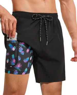 Mens 7 Inch Swim Trunks with Compression Liner Stretch Quick Dry Swim Shorts Swimsuits with Pockets