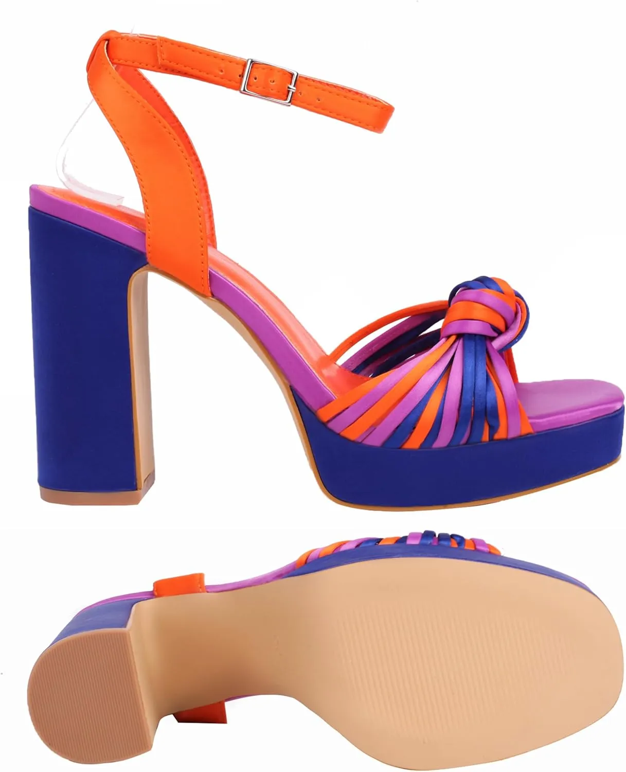 sun gurg Strappy Platform Heels for Women Square Open Toe Chunky High Heels Multicolored Ankle Strap Block Heeled Sandals for Prom Wedding Date Night