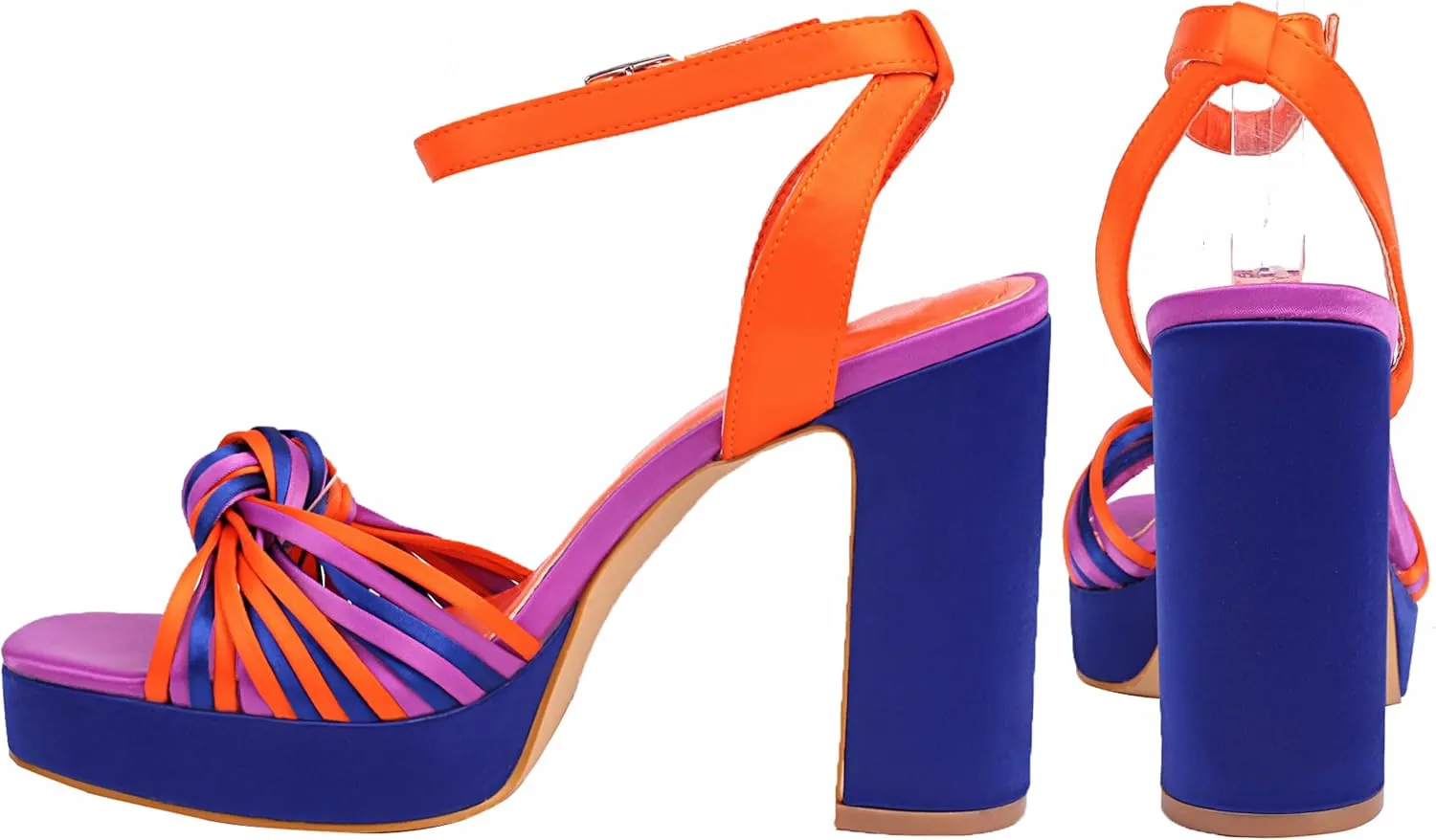 sun gurg Strappy Platform Heels for Women Square Open Toe Chunky High Heels Multicolored Ankle Strap Block Heeled Sandals for Prom Wedding Date Night