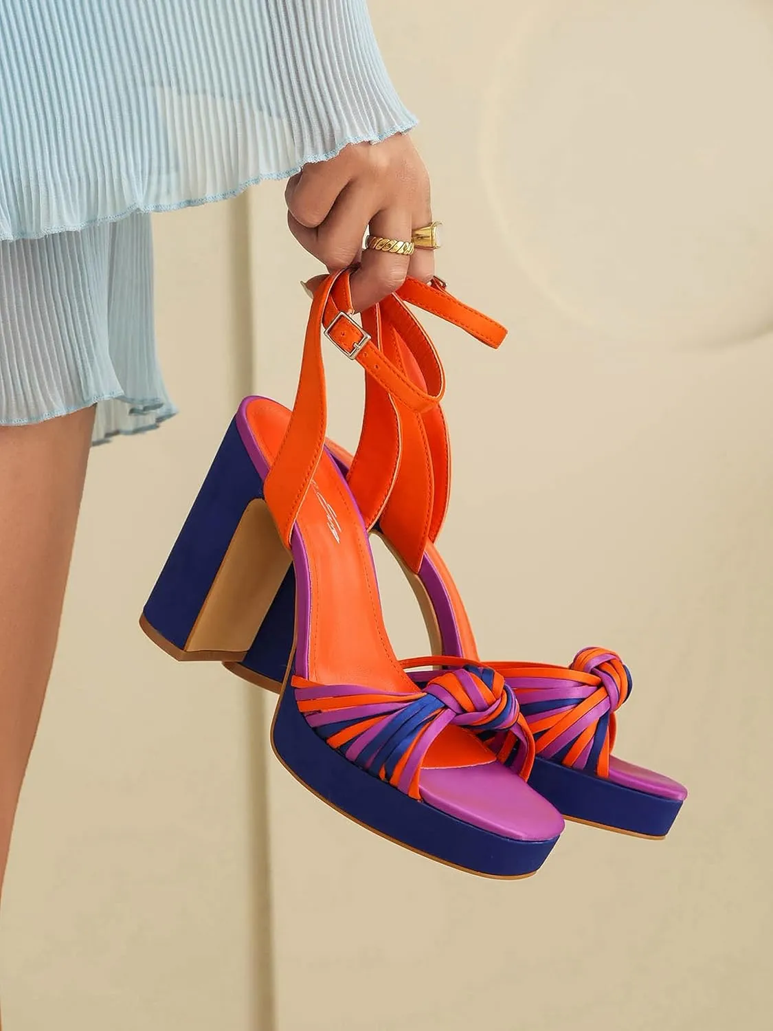 sun gurg Strappy Platform Heels for Women Square Open Toe Chunky High Heels Multicolored Ankle Strap Block Heeled Sandals for Prom Wedding Date Night