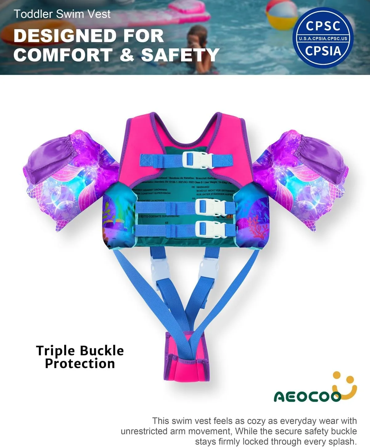 Toddler Swim Vest for 3-5,6,7,8,9 Years Old, Puddle Swim Jumper 20-30-50,60,70 Pounds, Kids Pool Float Jacket with Swimming Arm Floaties - Water Wings for Swimmies, Children, Boys, Girls, nios