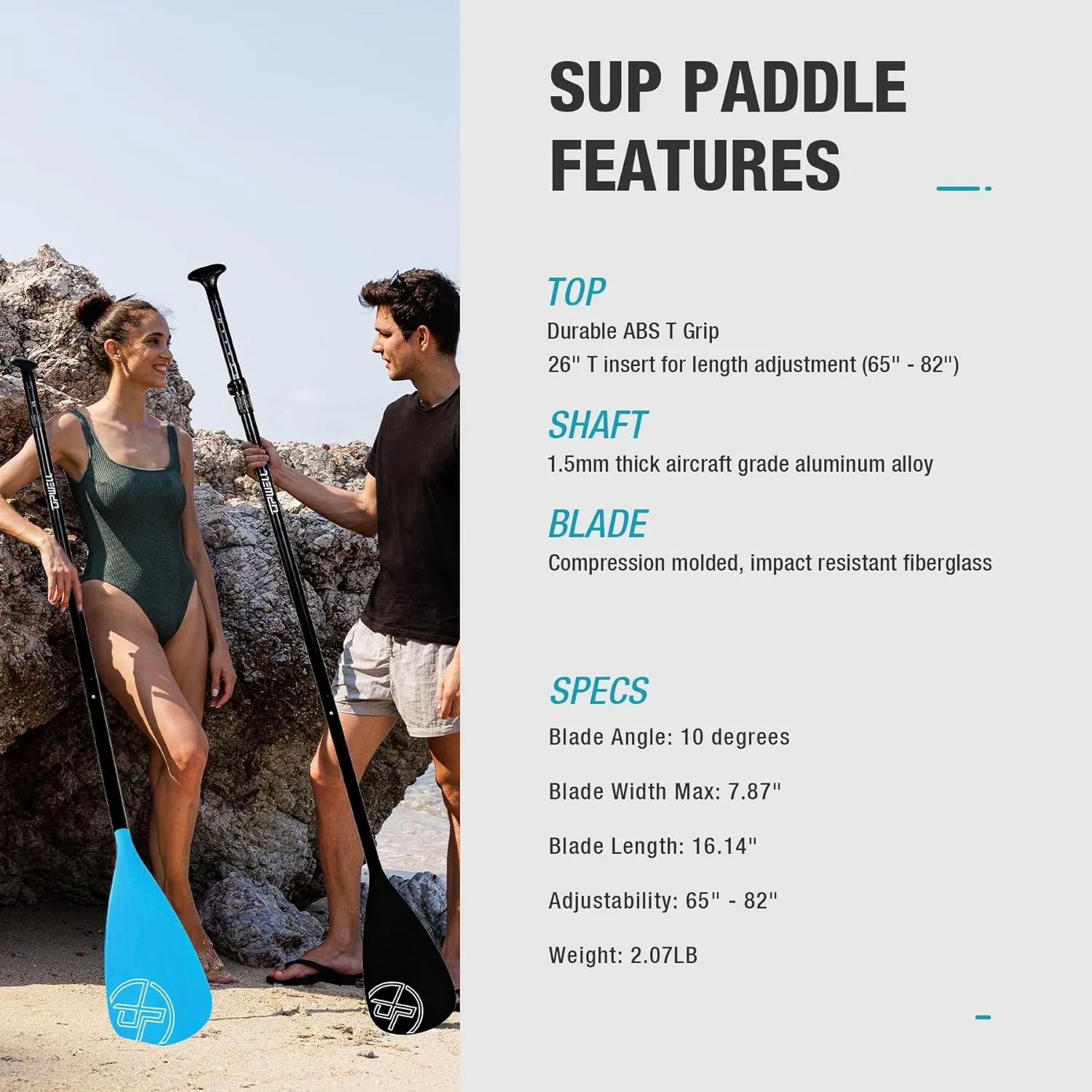 UPWELL SUP Paddle Adjustable Stand Up Paddle for Paddleboard, 3 Piece Aluminum Alloy Shaft with Reinforced Fiberglass Blade