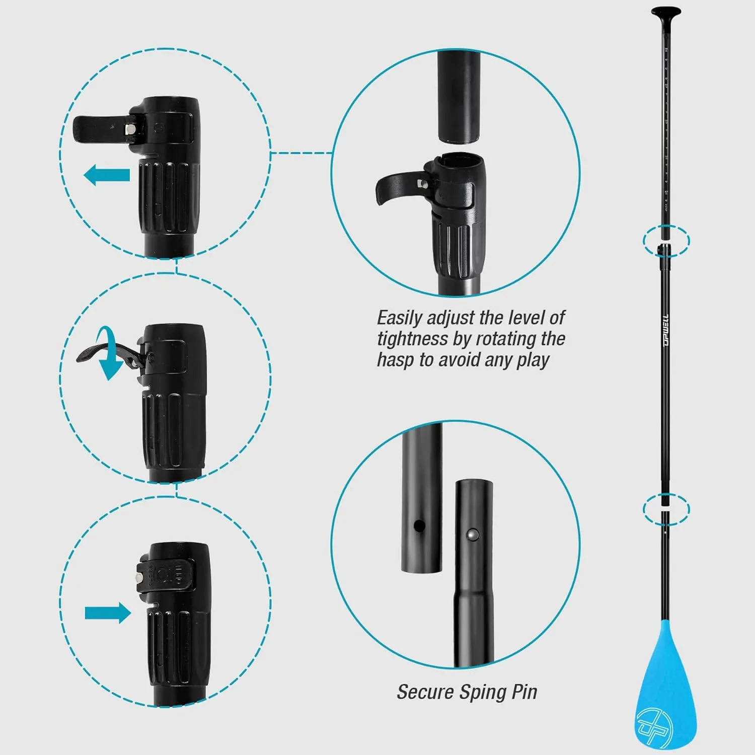 UPWELL SUP Paddle Adjustable Stand Up Paddle for Paddleboard, 3 Piece Aluminum Alloy Shaft with Reinforced Fiberglass Blade