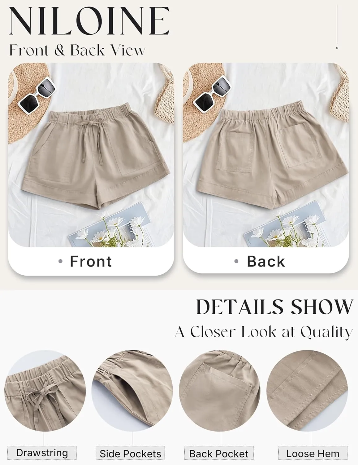 Womens Elastic Waist Drawstring Shorts Summer Lightweight Beach Shorts Comfy Casual Short Pants with Pockets