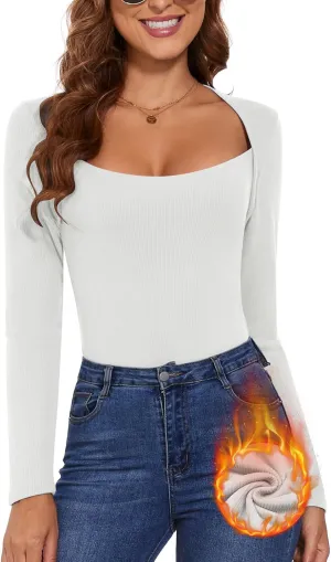 Women's Square Neck Thermal Long Sleeve Shirts Sexy Ribbed Slim Fitted Tops Winter Fleece Lined Casual Warm Base Layer