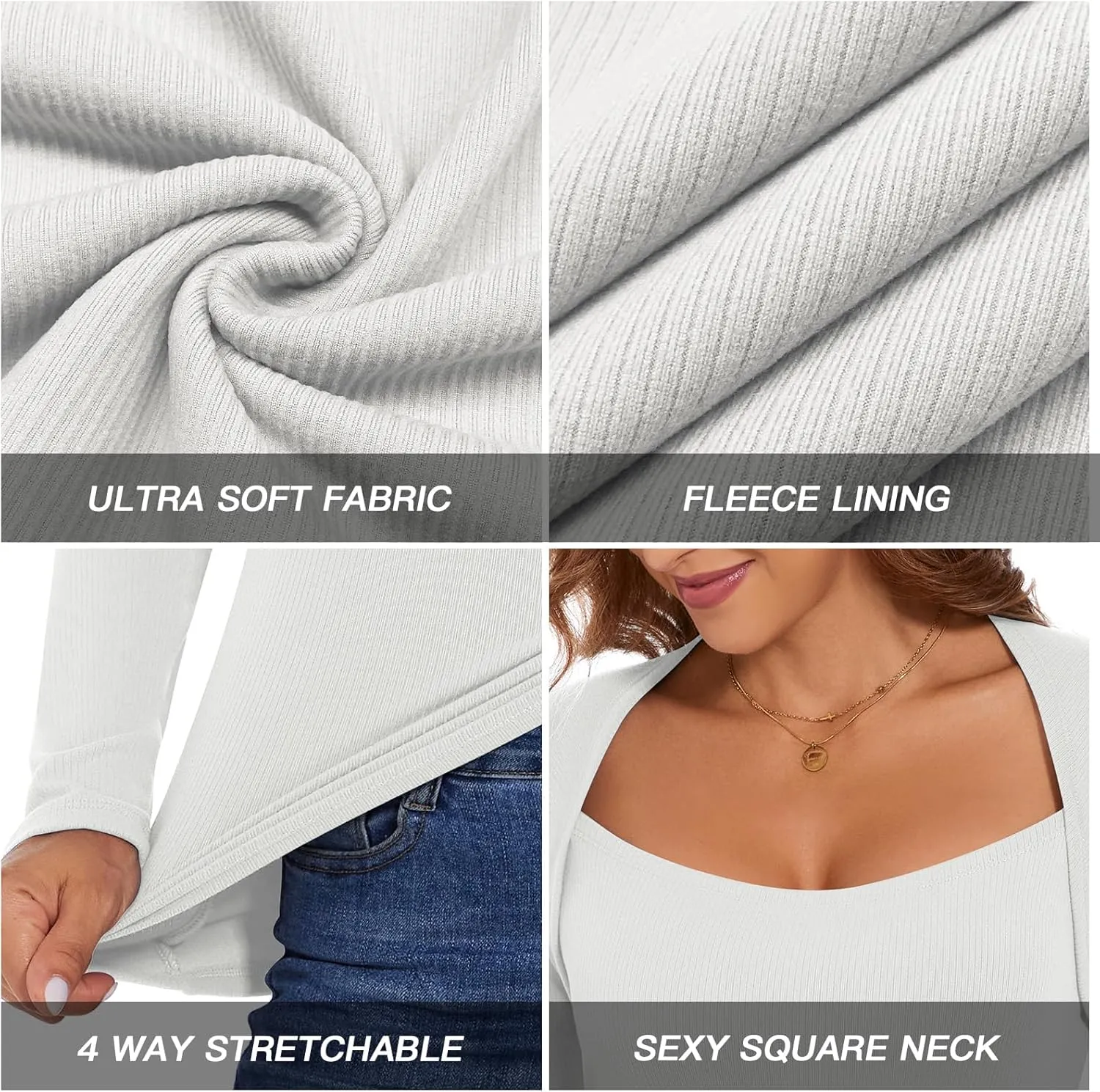 Women's Square Neck Thermal Long Sleeve Shirts Sexy Ribbed Slim Fitted Tops Winter Fleece Lined Casual Warm Base Layer